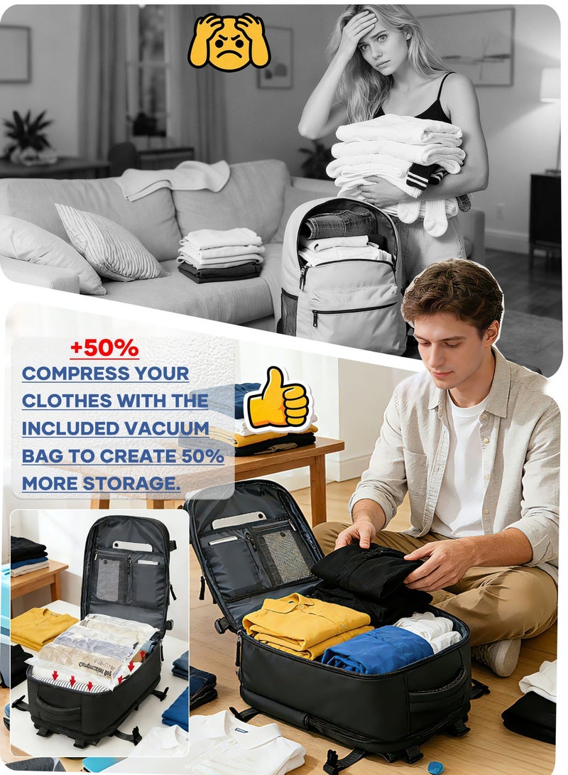 شنطة ظهر للسفر مع أكياس ضغط ومضخة هواء، شنطة ظهر لابتوب 15.6 بوصة مع جيب أحذية ومخرج USB، مقاومة للماء وجيب رطب، شنطة عمل لزيادة سعة الملابس، أسود - Image 2